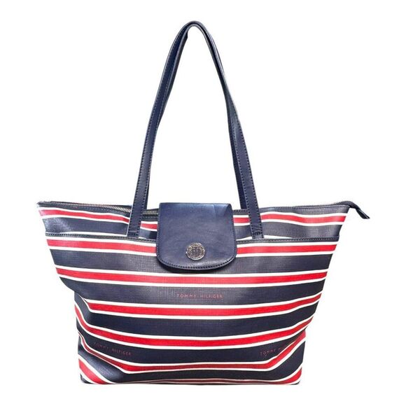 Tommy Hilfiger Patriotic Red White Blue Striped Tote Bag Zipper Top Handle READ - Picture 1 of 16